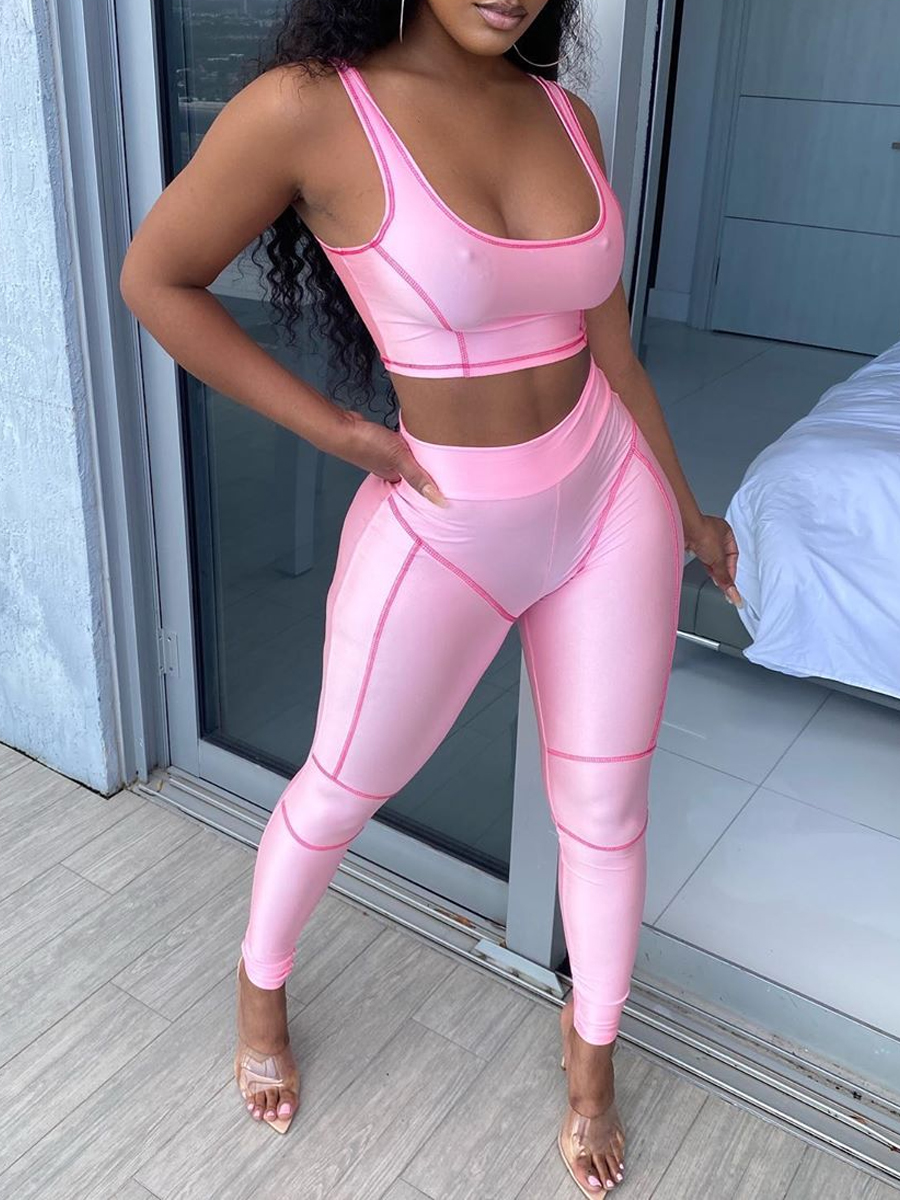 

Lovely Sportswear U Neck Patchwork Pink Two-piece Pants Set