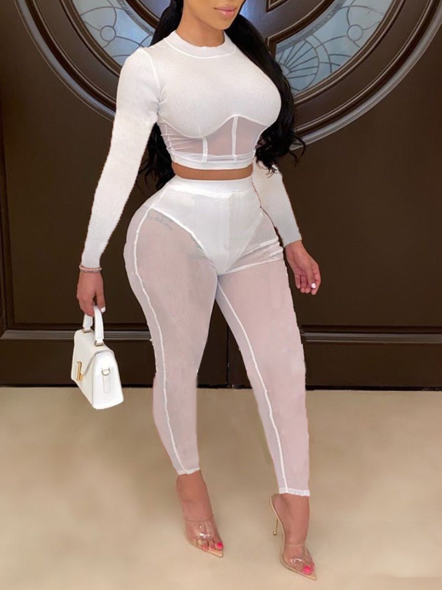 

lovely Sportswear O Neck Patchwork See-through White Two Piece Pants Set