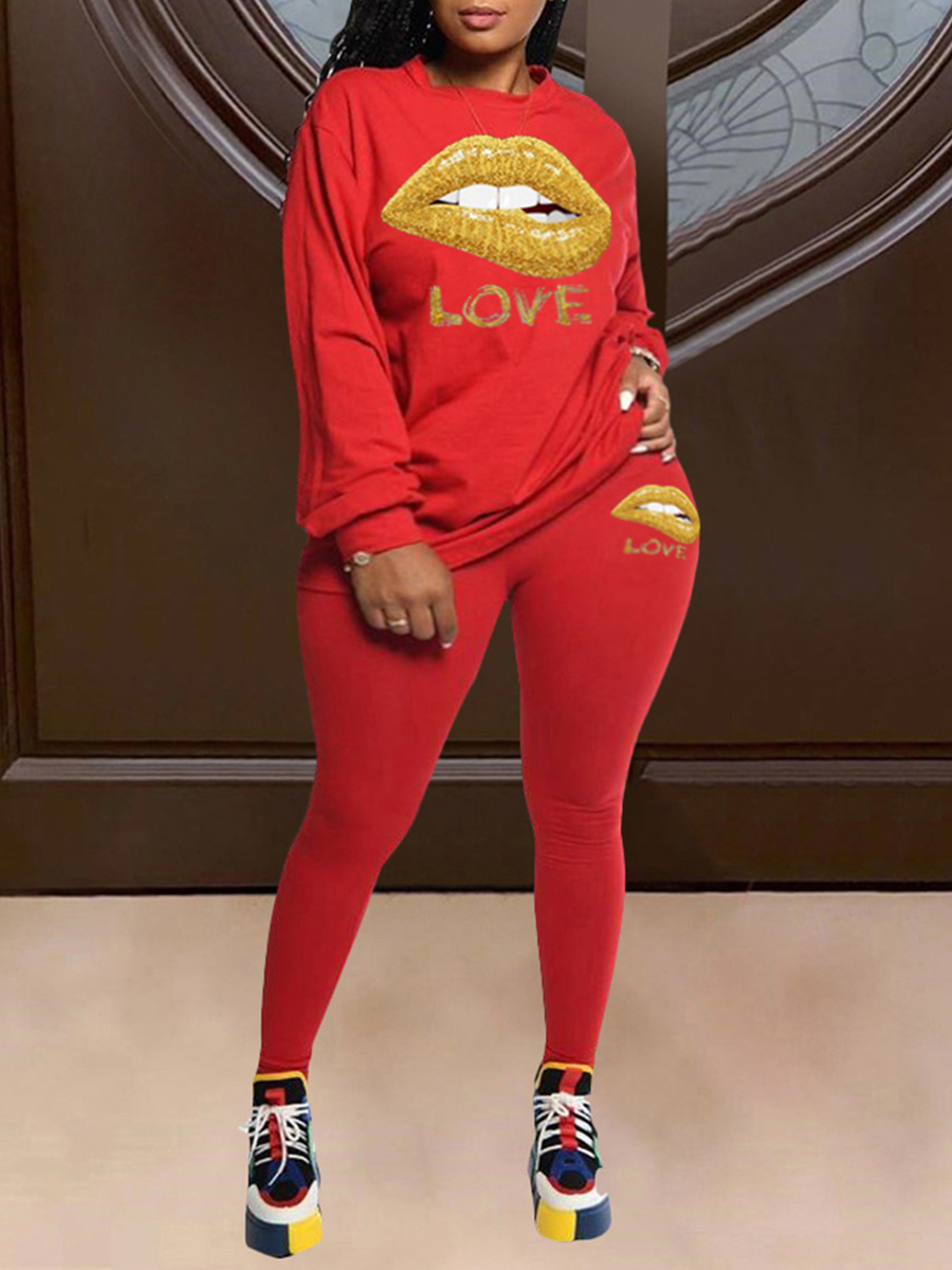 

Lovely Sportswear O Neck Lip Print Red Plus Size Two-piece Pants Set