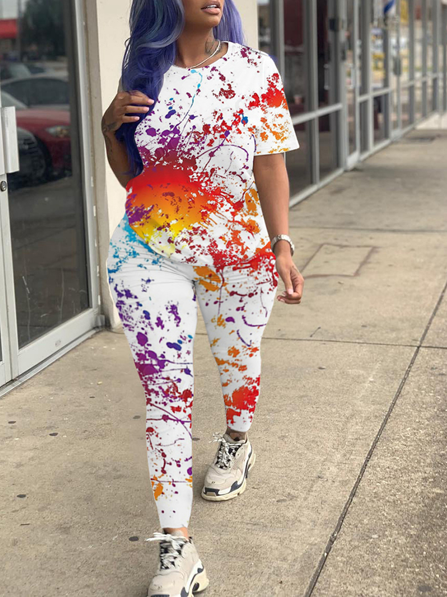

lovely Casual O Neck Graffiti Print White Plus Size Two-piece Pants Set