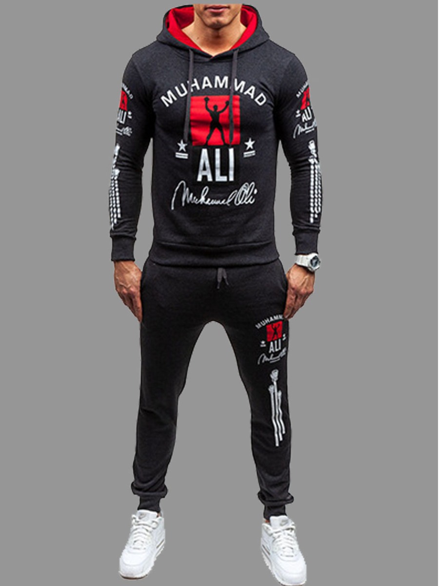 

lovely Sportswear Hooded Collar Letter Print Black Men Two-piece Pants Set