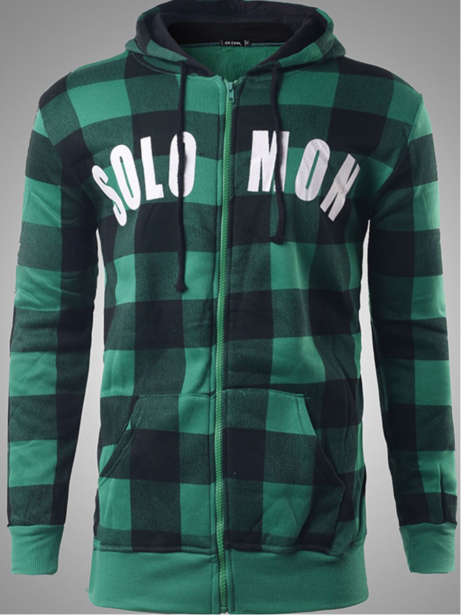 

lovely Casual Hooded Collar Gird Print Green Men Hoodie