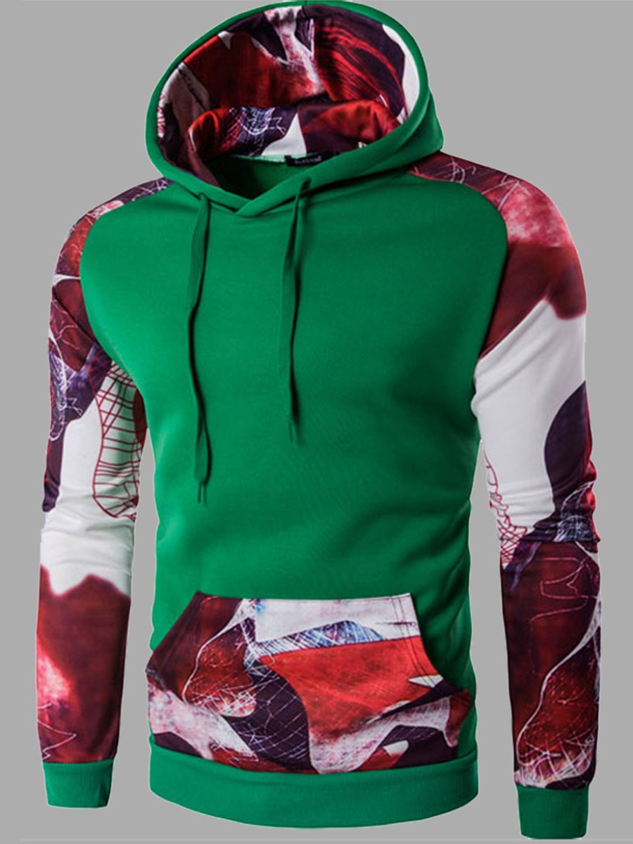 

lovely Sportswear Hooded Collar Print Patchwork Blackish Green Men Hoodie, Black green