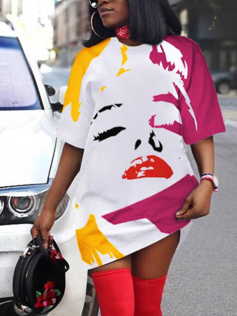 

Lovely Casual O Neck Print Purple Mini Dress