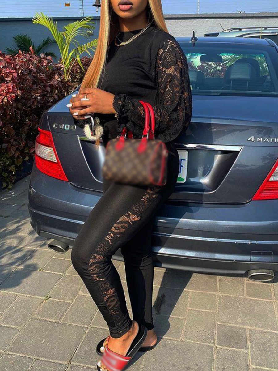 

lovely Casual O Neck Patchwork Black Two Piece Pants Set