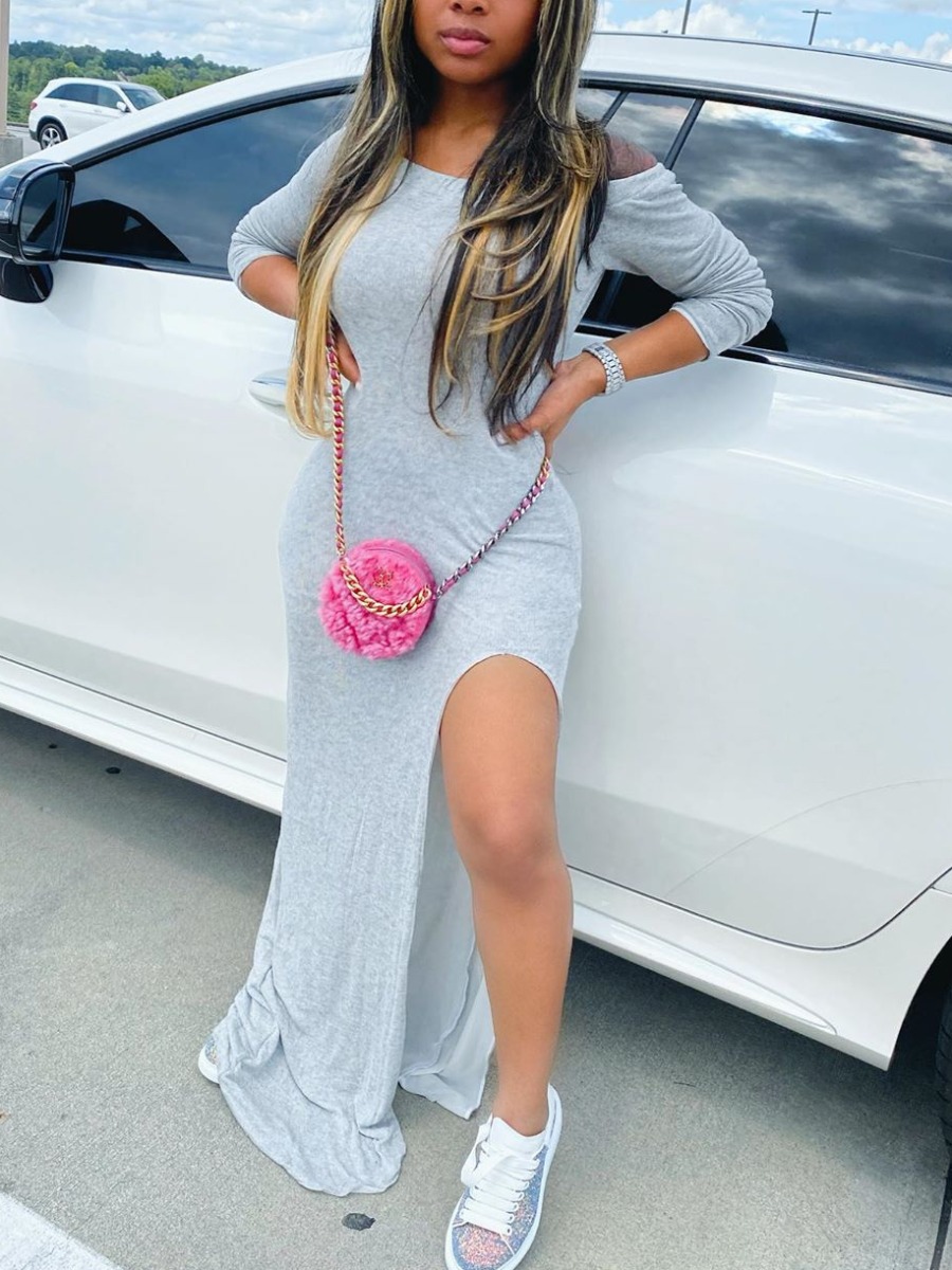 

lovely Casual Side High Slit Grey Maxi Dress