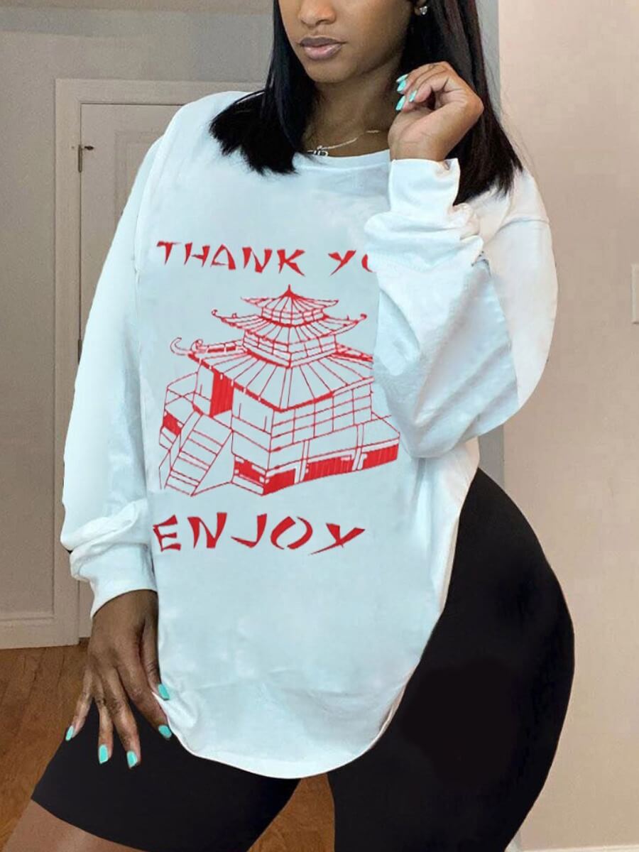 

LW Casual O Neck Print White T-shirt