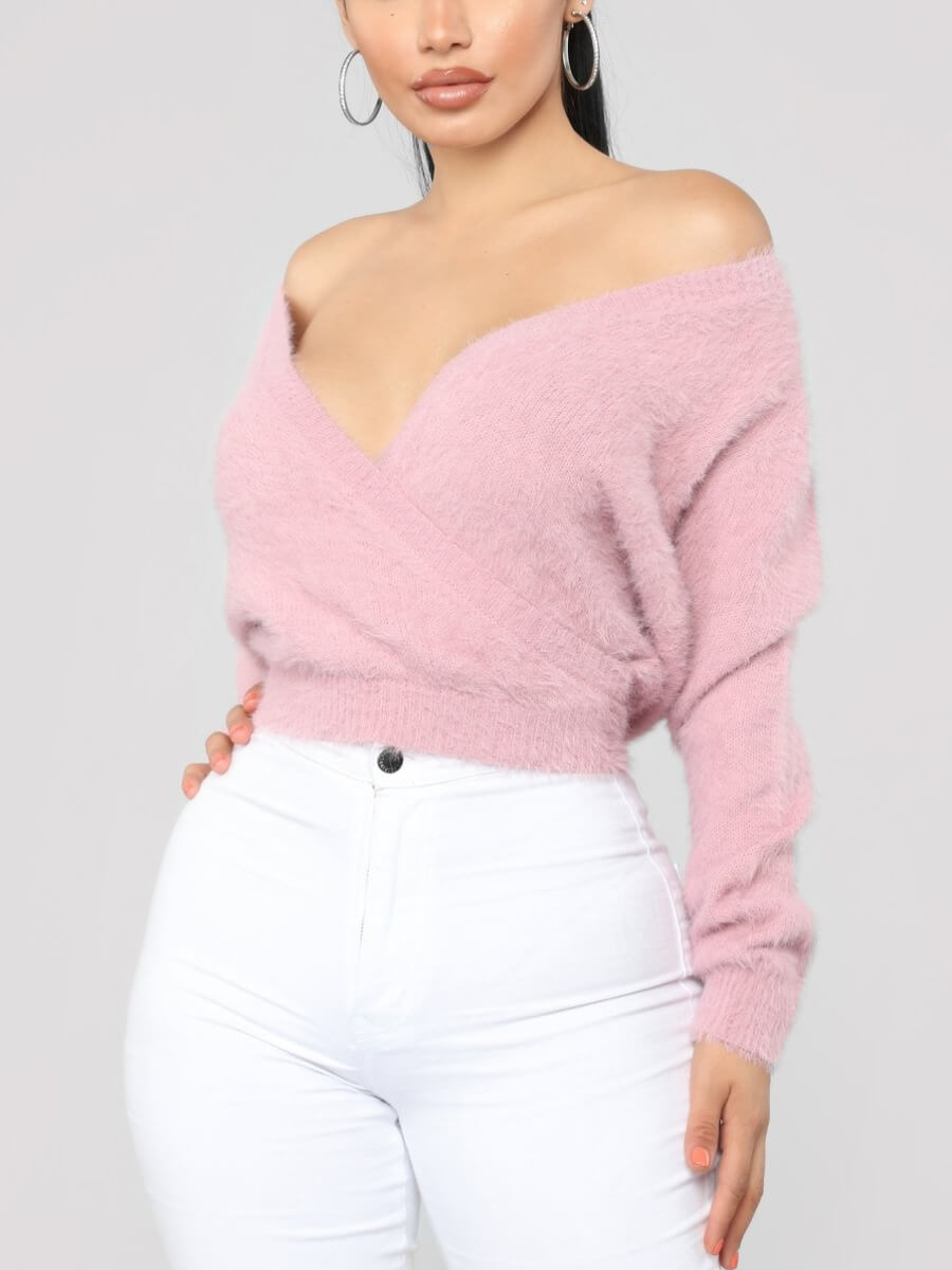 

Lovely Stylish Deep V Neck Pink Sweater