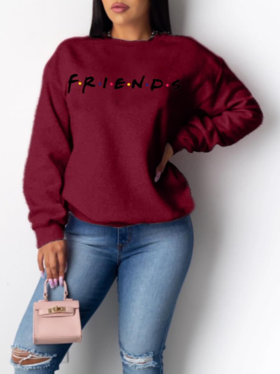 

Lovely Casual O Neck Letter Print Wine Red Hoodie