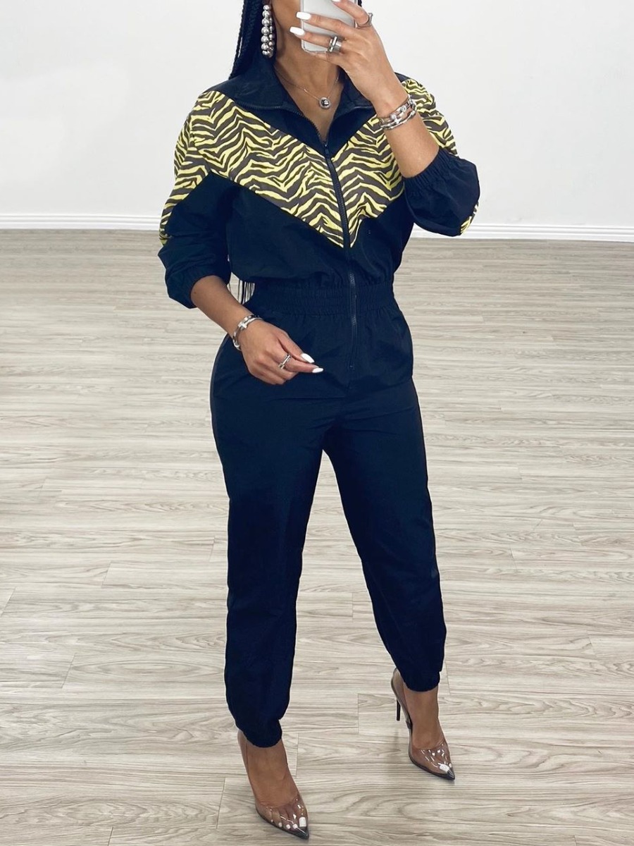 

lovely Sportswear Print Patchwork Deep Blue One-piece Jumpsuit