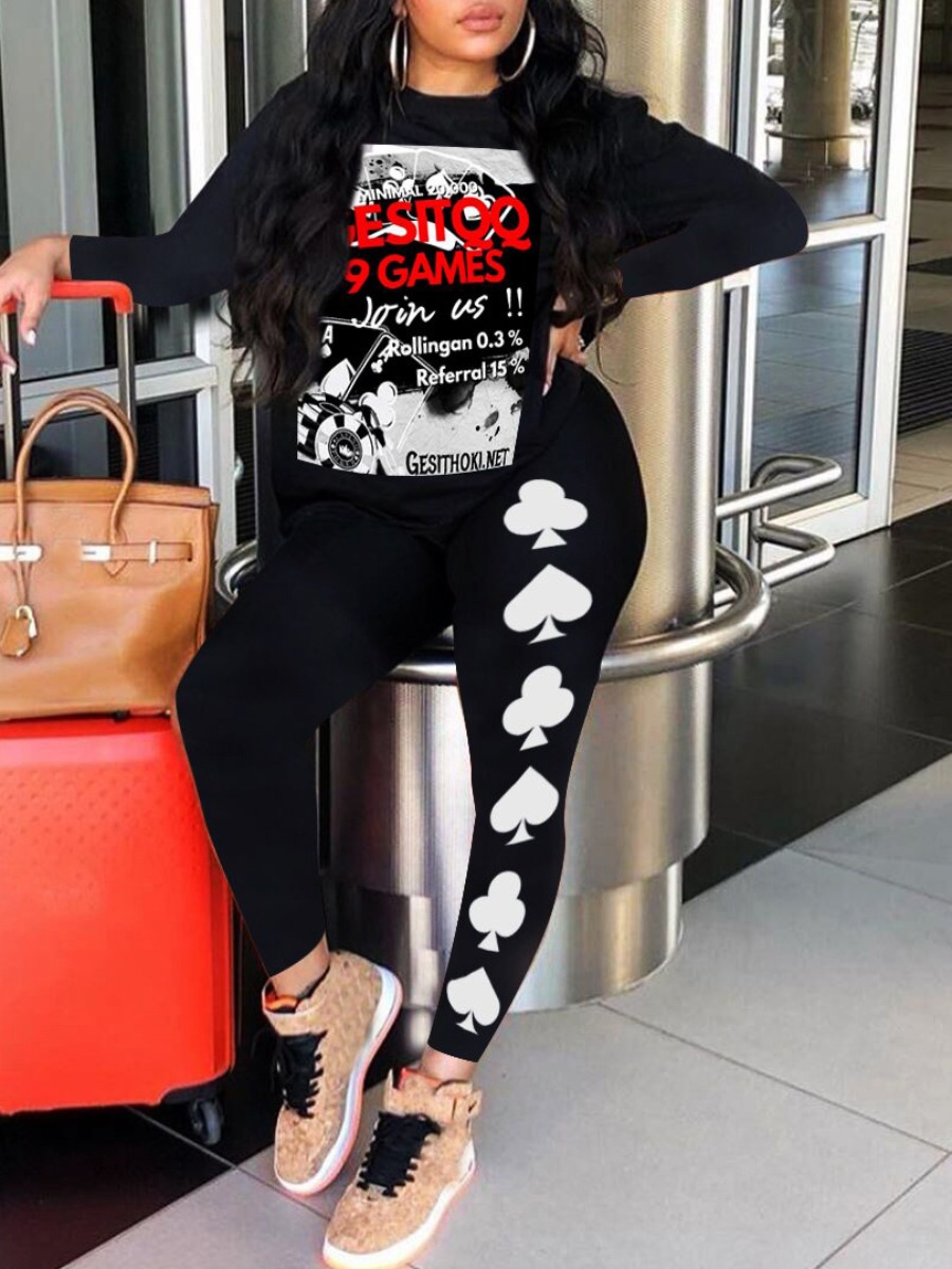 

lovely Street O Neck Print Black Two Piece Pants Set