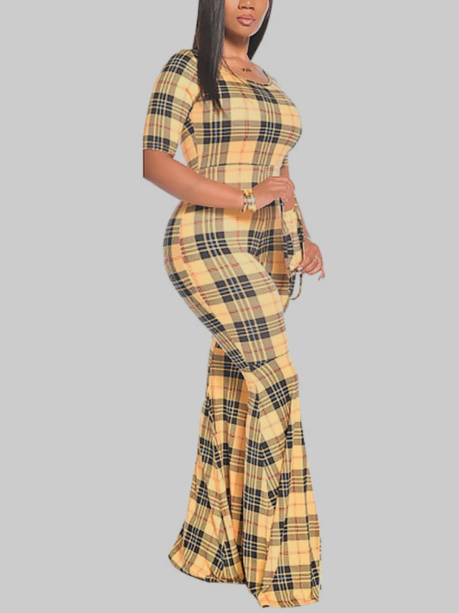 

lovely Stylish O Neck Grid Print Yellow One-piece Jumpsuit