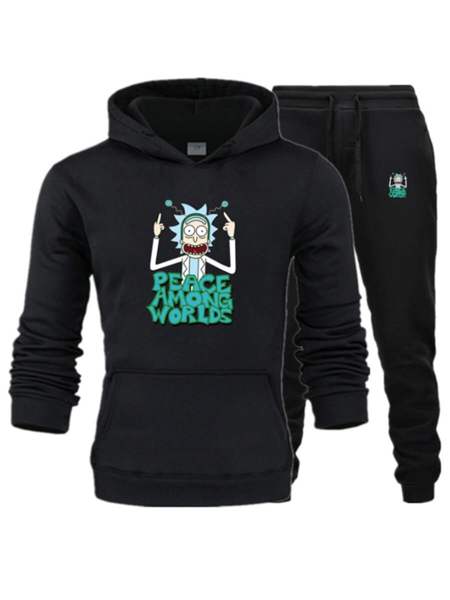

Lovely Sportswear Hooded Collar Print Black Men Two-piece Pants Set