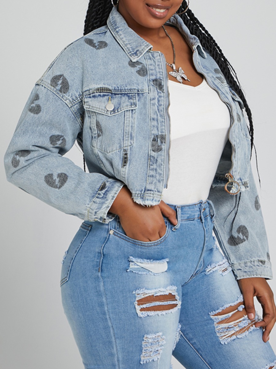 

lovely Street Turndown Collar Print Baby Blue Denim Jacket
