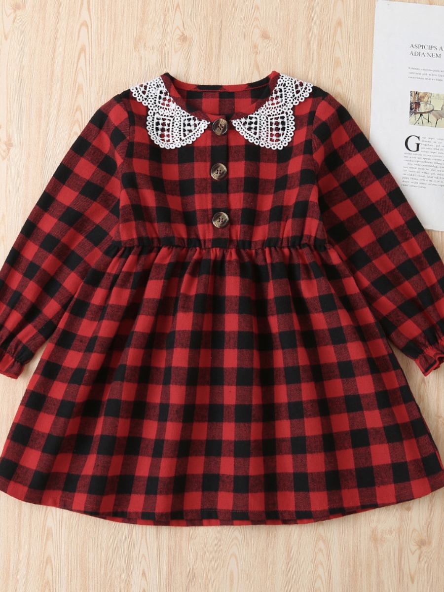

lovely Sweet O Neck Grid Print Red Girl Knee Length Dress