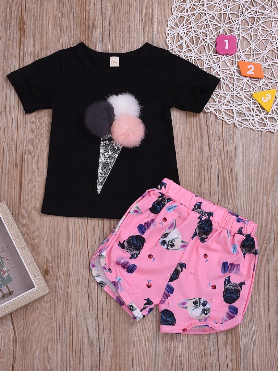 

lovely Casual O Neck Print Black Girl Two-piece Shorts Set