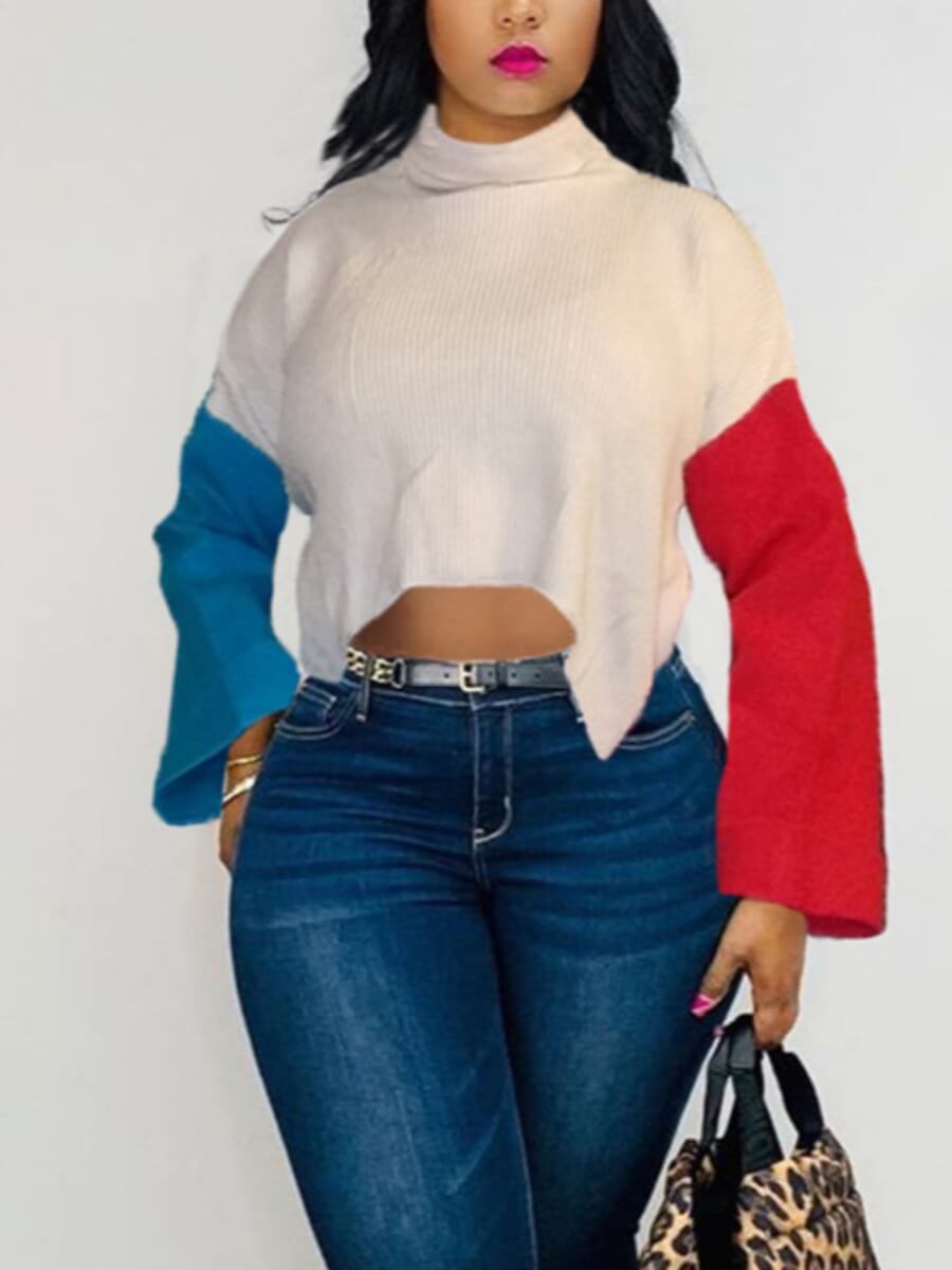 

Lovely Leisure Turtleneck Patchwork White Sweater
