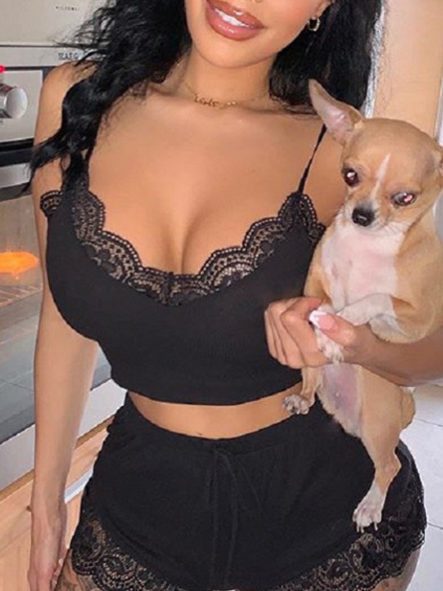 

lovely Sexy Spaghetti Strap Lace Hem Black Sleepwear