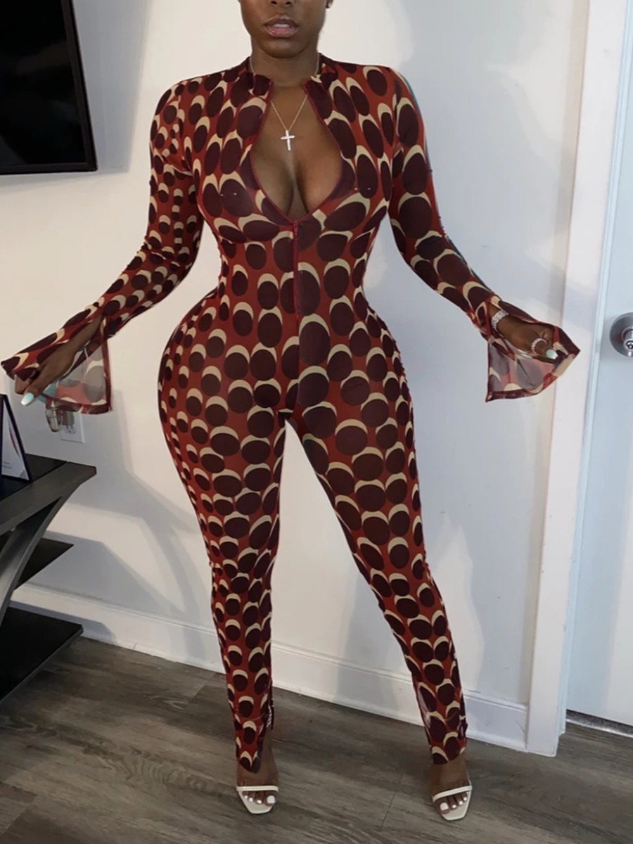 

lovely Stylish Print Zipper Design Brown One-piece Jumpsuit