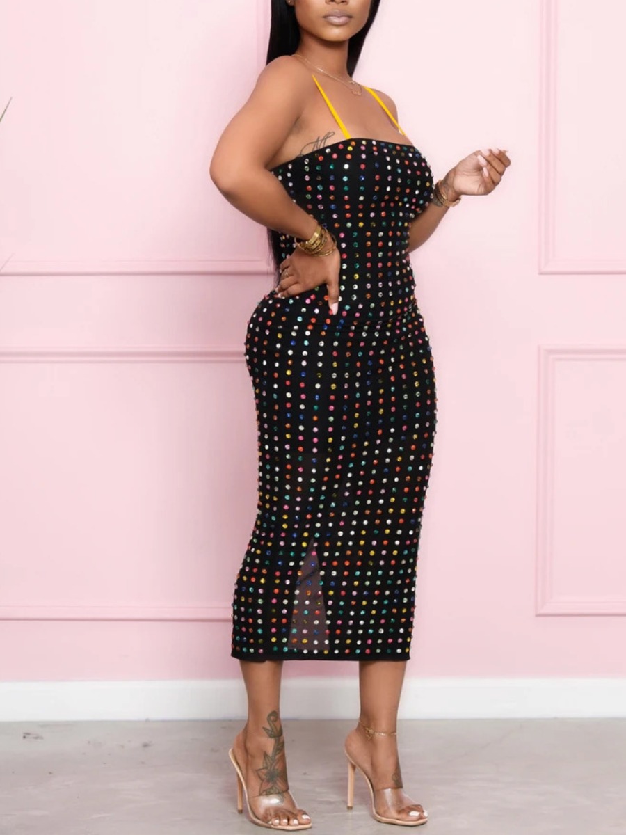 

lovely Sexy Hot Drilling Decorative Black Mid Calf Dress