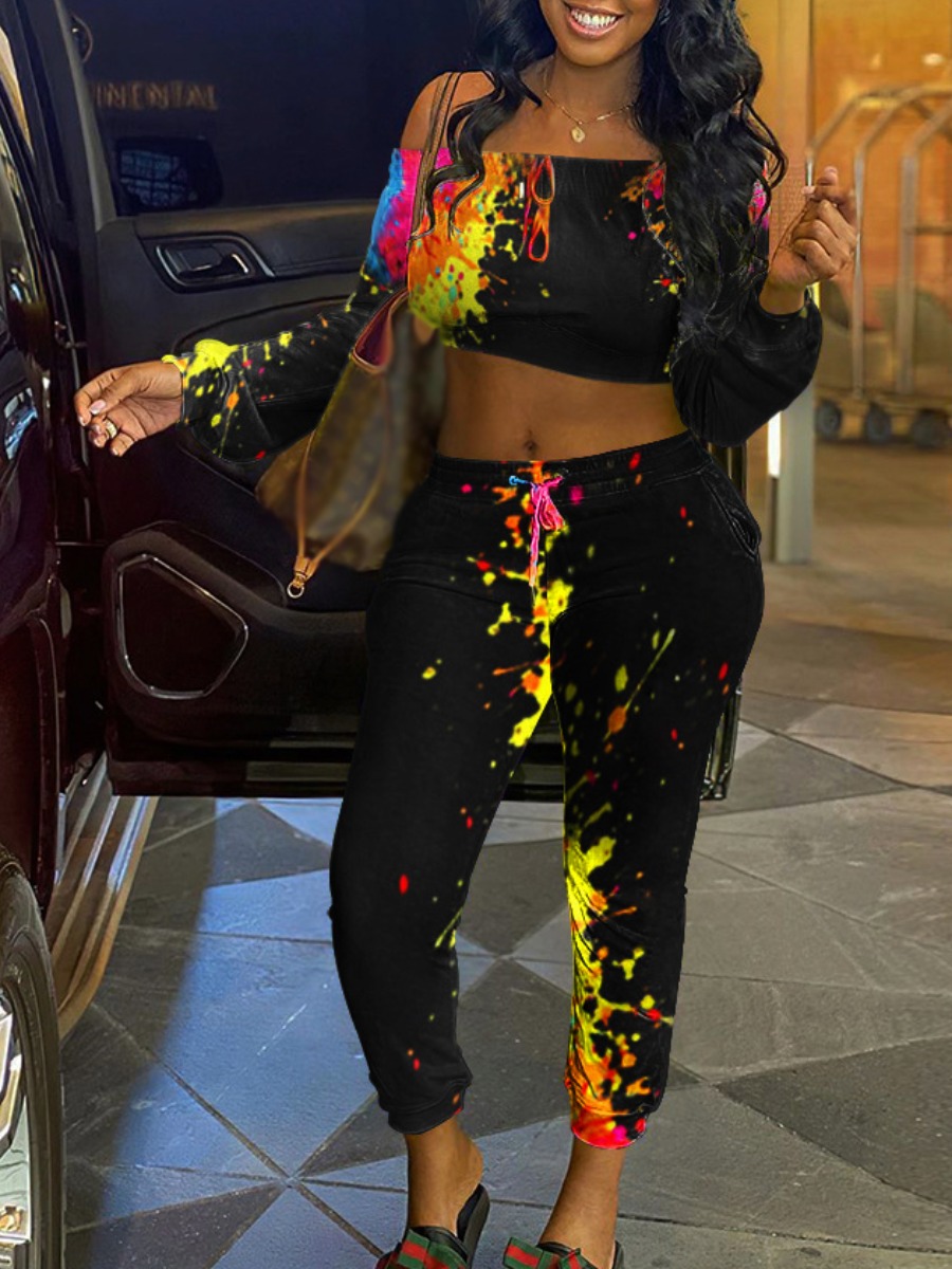 

lovely Trendy Dew Shoulder Graffiti Print Yellow Two Piece Pants Set