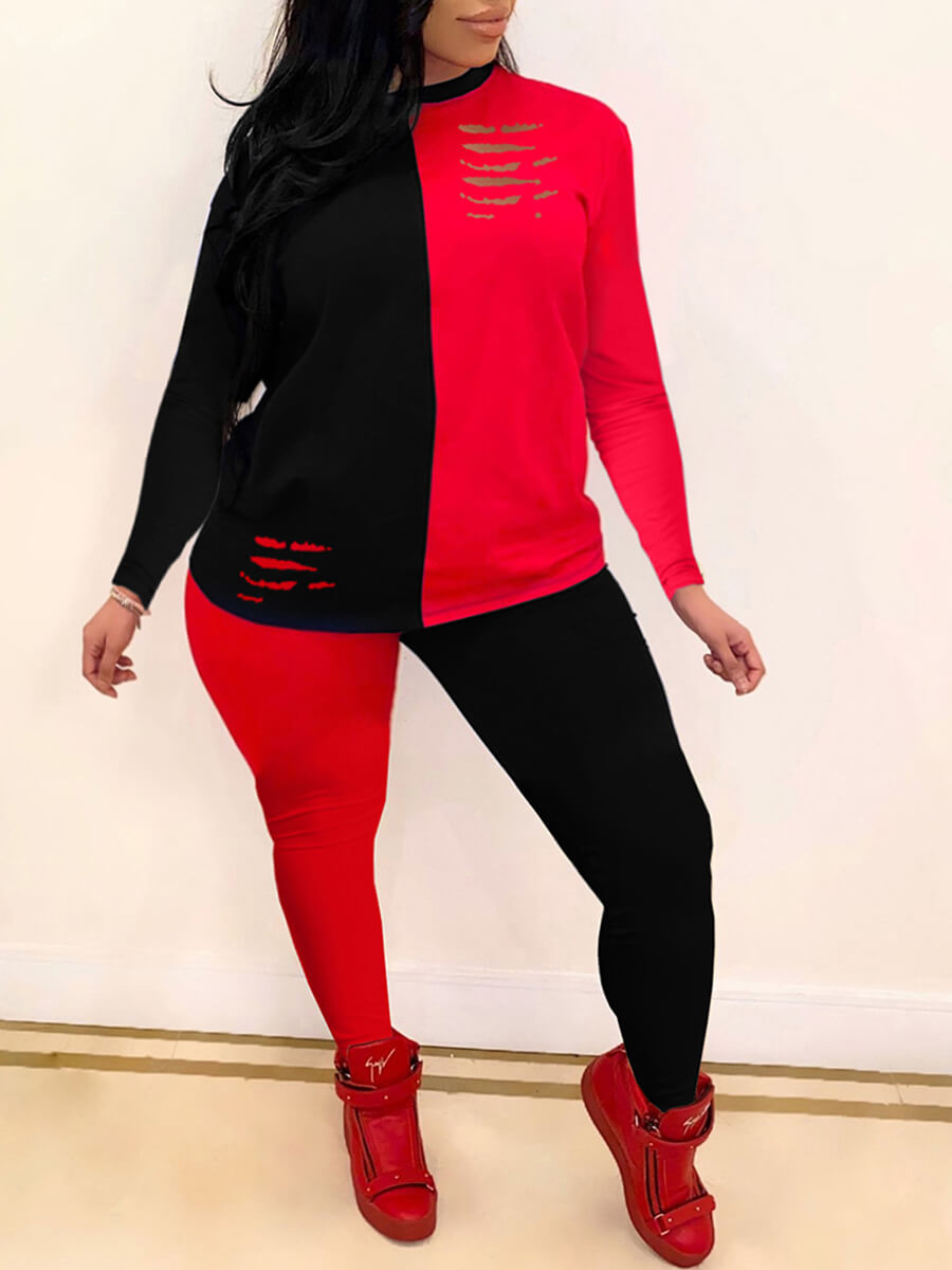 

Lovely Casual O Neck Patchwork Red Plus Size Two-piece Pants Set