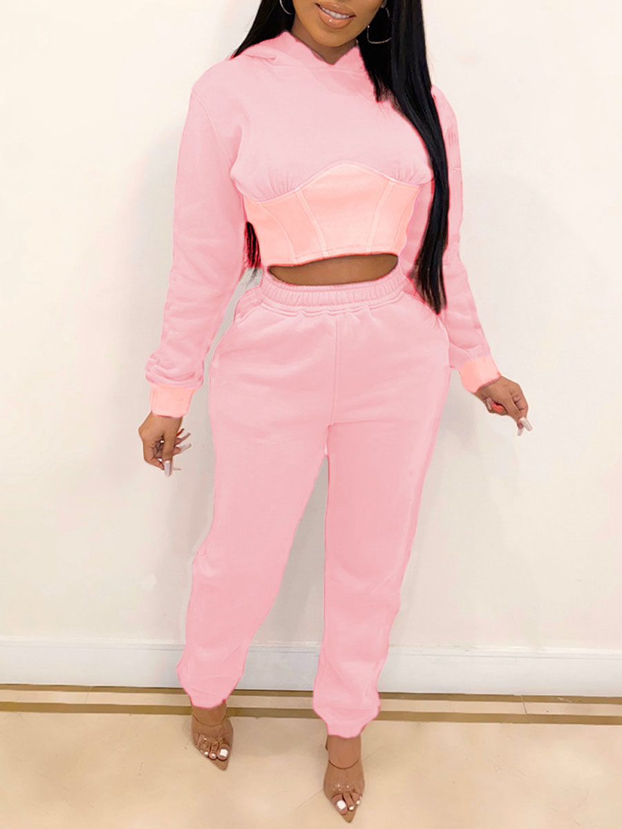 

lovely Casual Hooded Collar Patchwork Pink Two Piece Pants Set