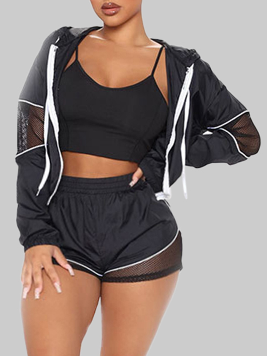 

lovely Sportswear Hooded Collar Patchwork Black Plus Size Two-piece Shorts Set