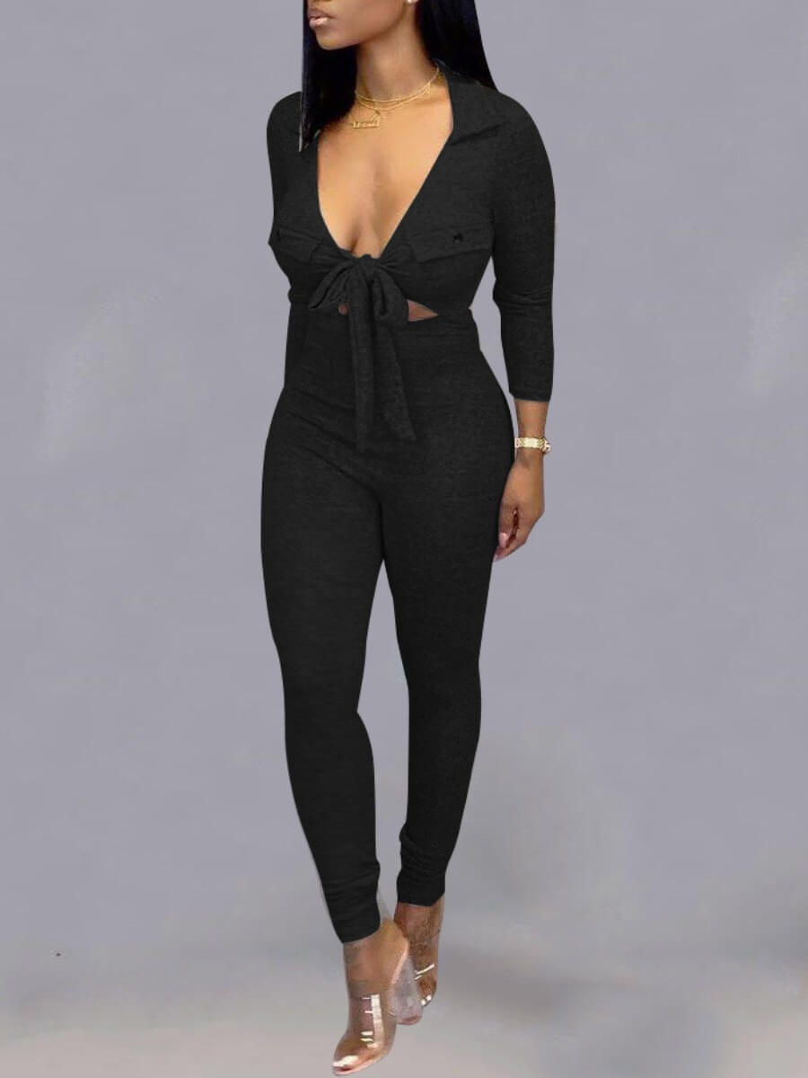 

lovely Sportswear Knot Design Black One-piece Jumpsuit