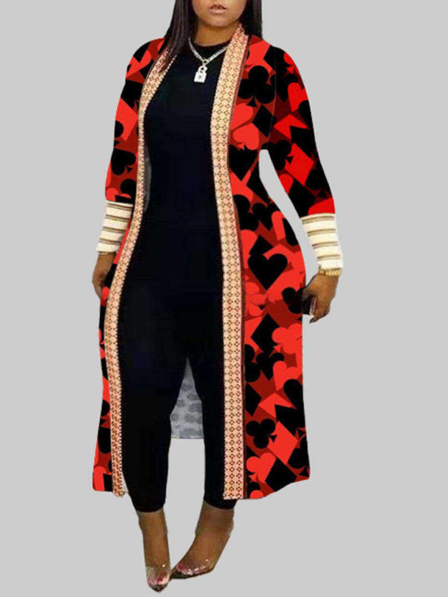

lovely Trendy Print Patchwork Red Plus Size Coat