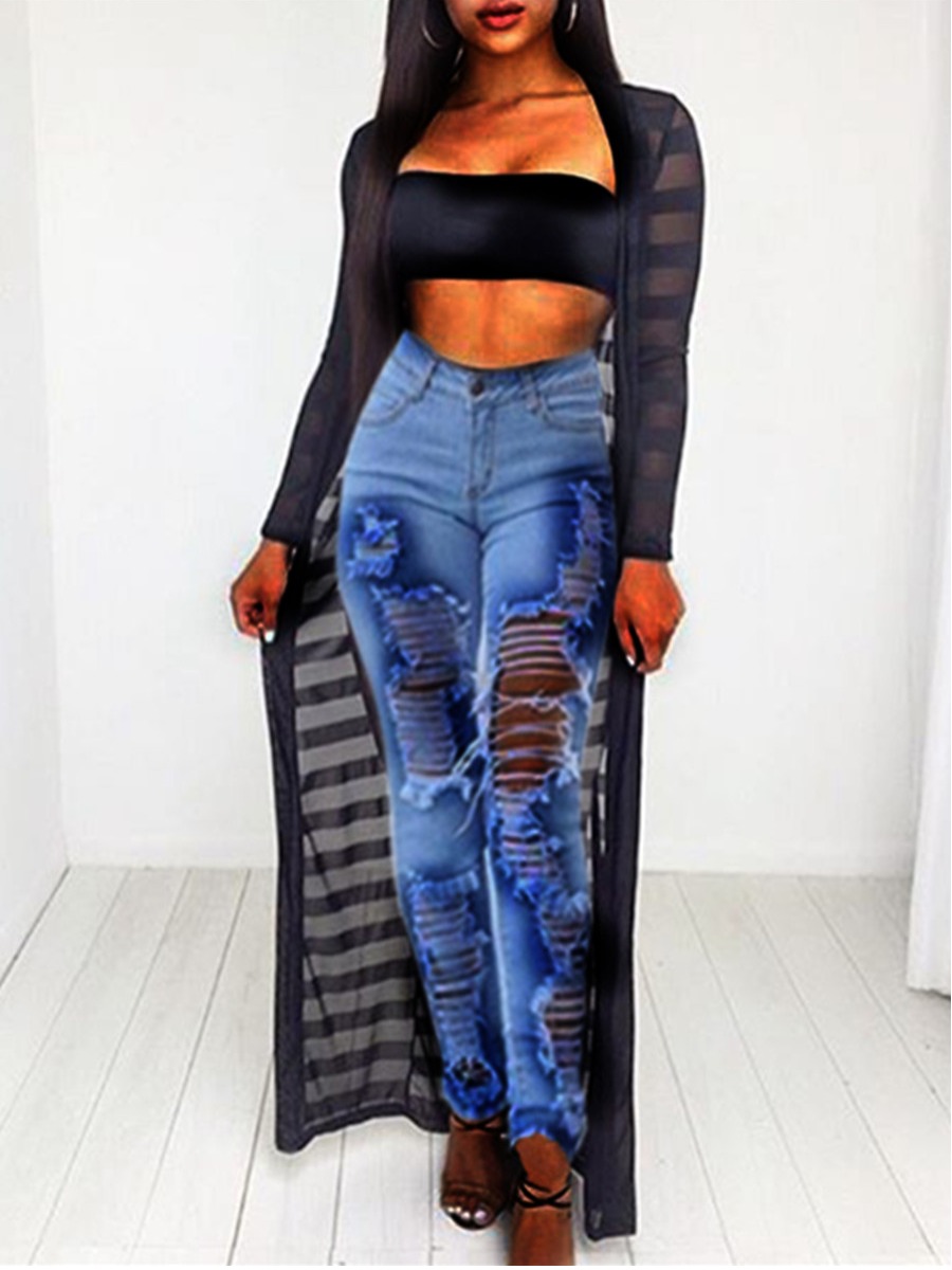 

lovely Casual Striped See-through Black Long Coat