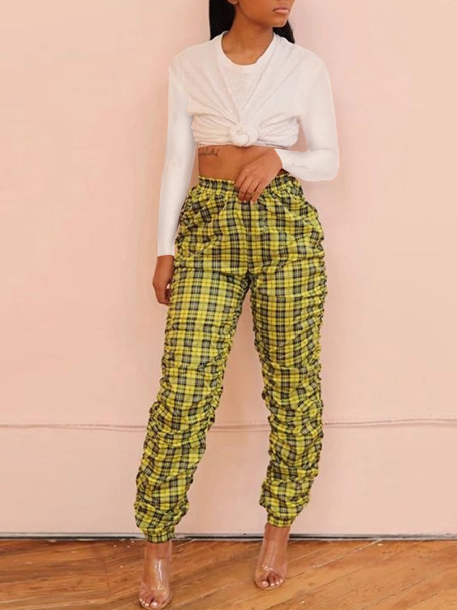 

lovely Stylish O Neck Grid Print Yellow Two Piece Pants Set