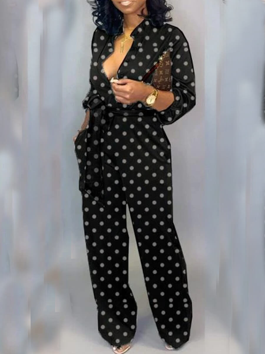 

LW Dot Print Wide Leg Jumpsuit, Black