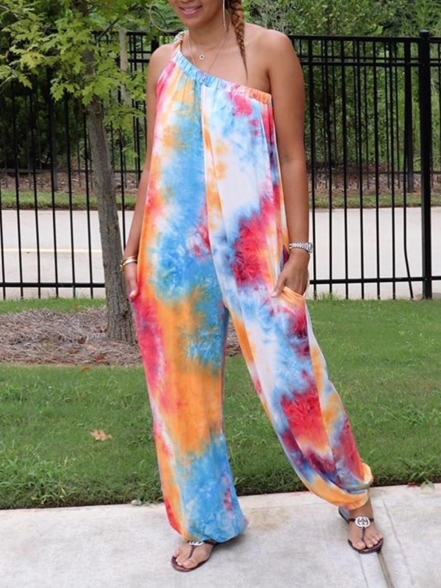 

lovely Trendy One Shoulder Tie-dye Multicolor One-piece Jumpsuit, Multi