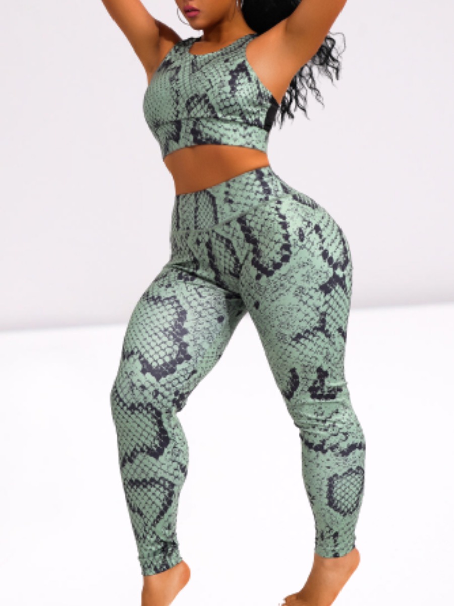 

lovely Sportswear Print Cross-over Design Green Two-piece Pants Set