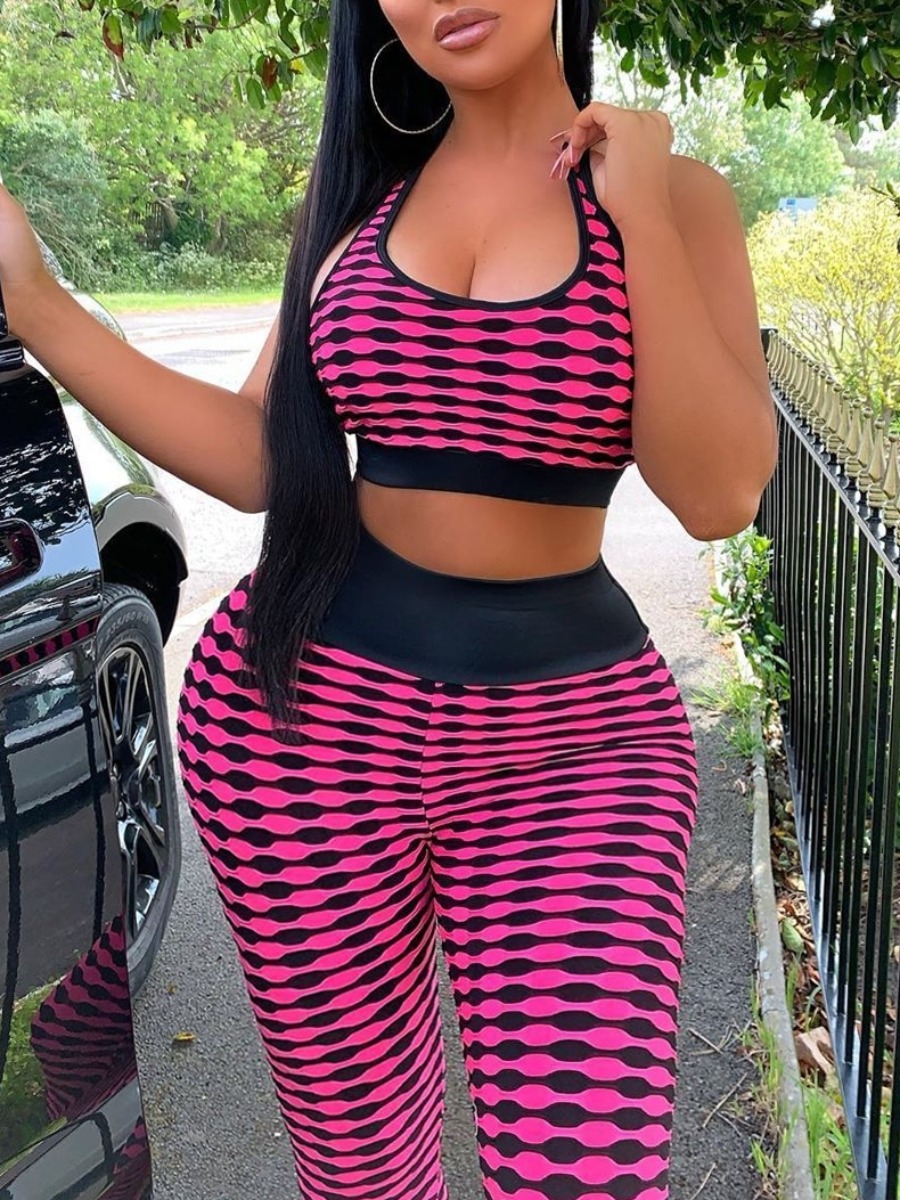 

lovely Sportswear U Neck Print Rose Red Two-piece Pants Set