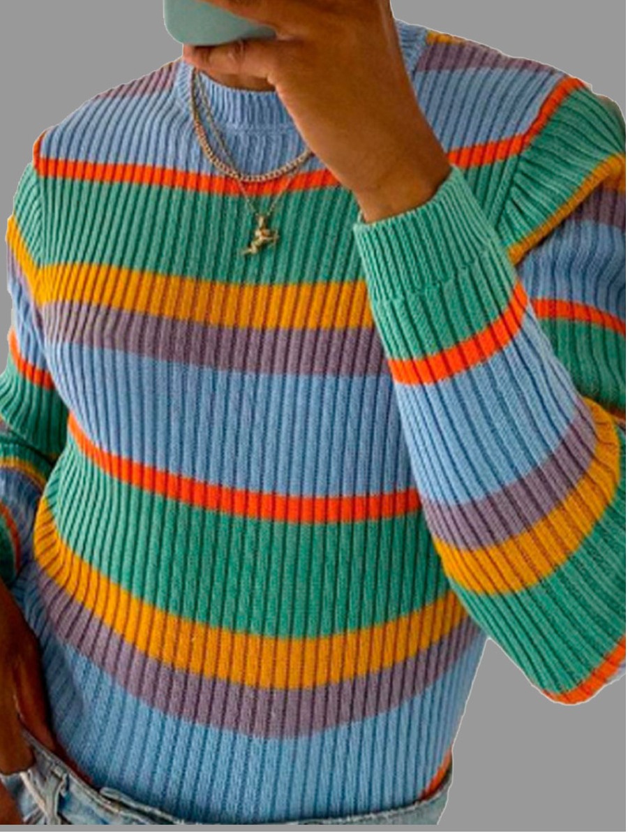 

lovely Stylish O Neck Rainbow Striped Multicolor Men Sweater, Multi