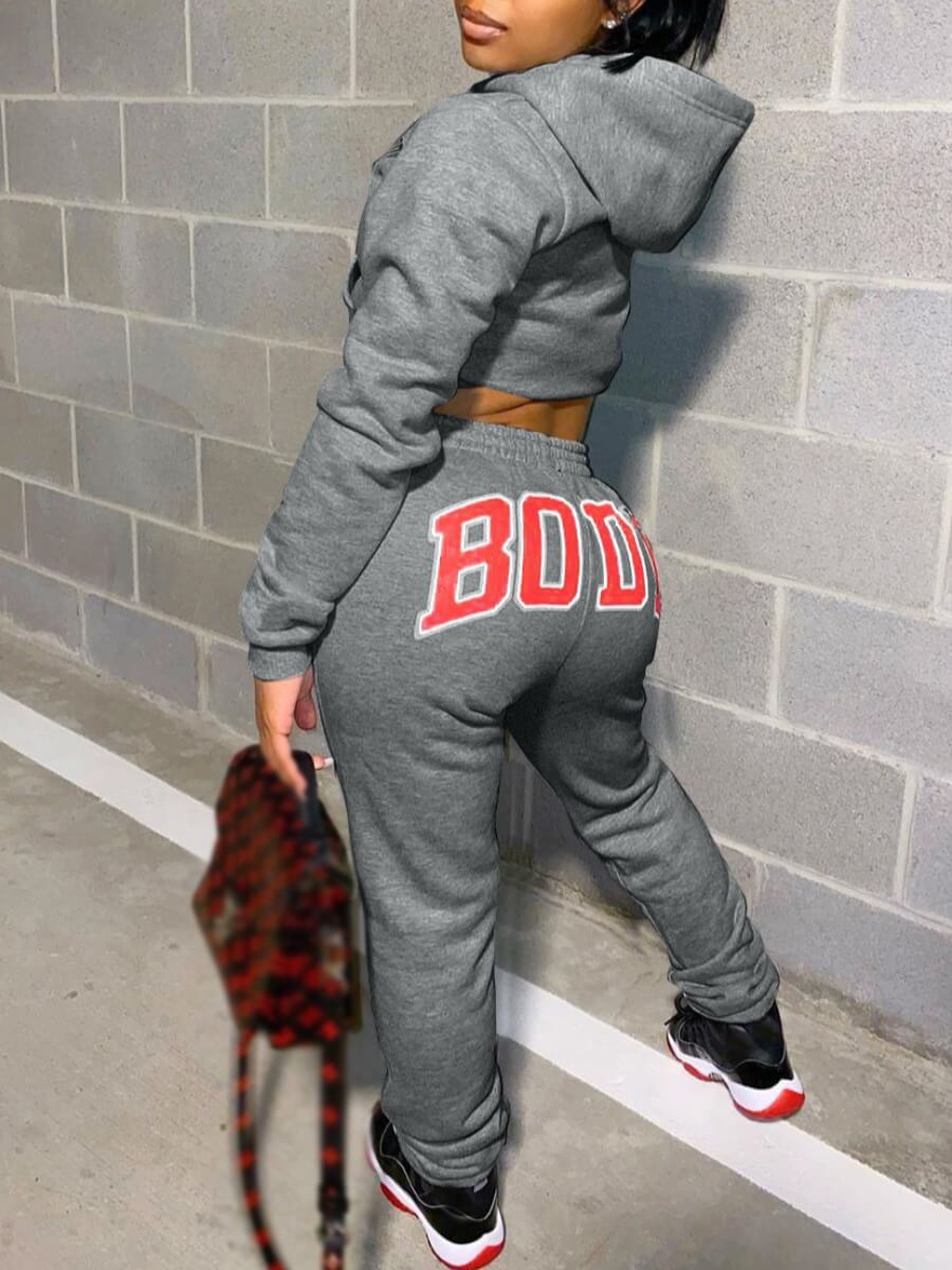 

LW Casual Hooded Collar Letter Print Dark Grey Two Piece Pants Set
