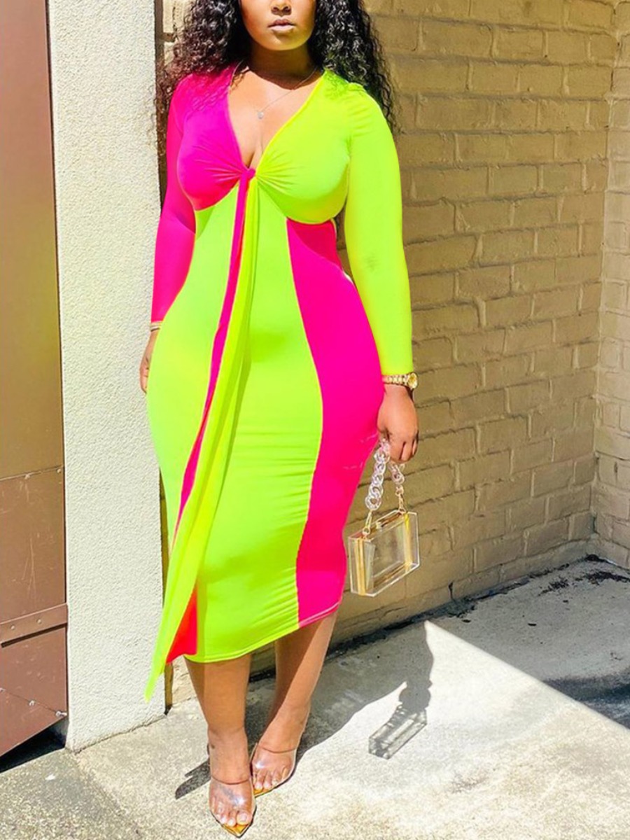 

lovely Casual V Neck Patchwork Knot Design Green Mid Calf Dress