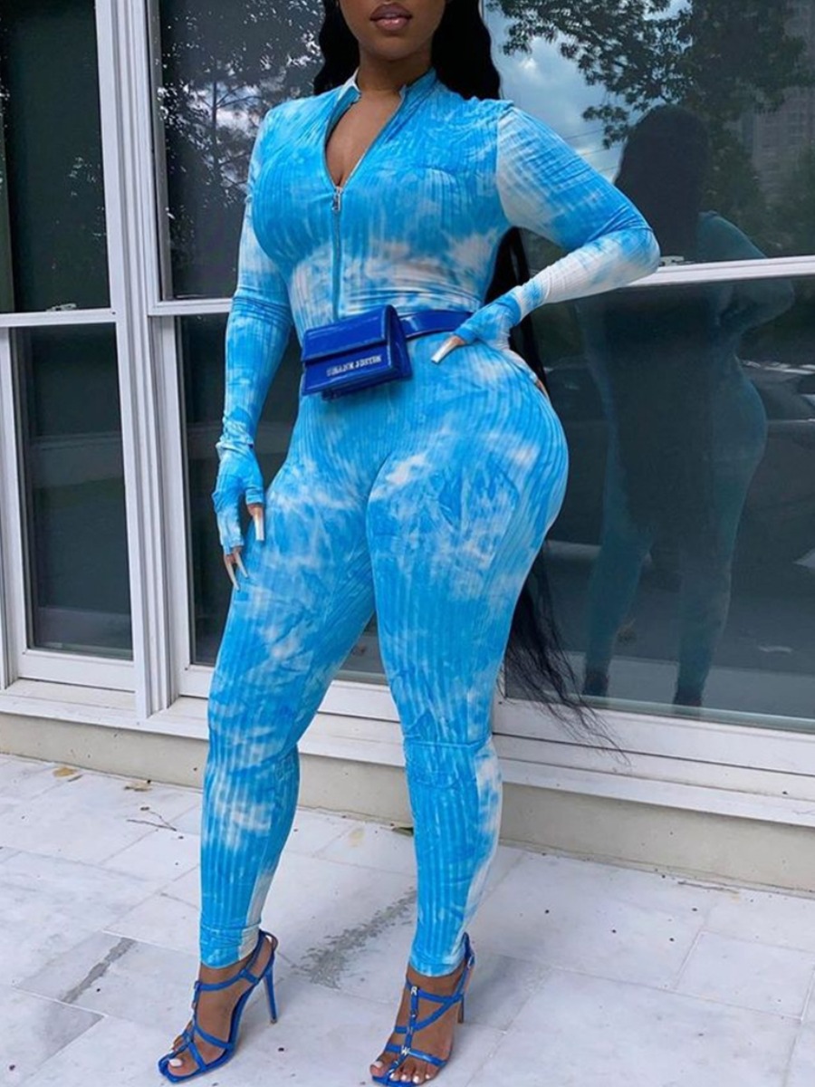 

lovely Trendy Zipper Design Tie-dye Blue Plus Size One-piece Jumpsuit