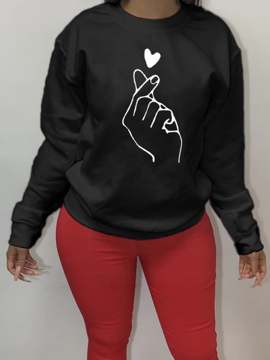 

Lovely Casual O Neck Print Black Hoodie
