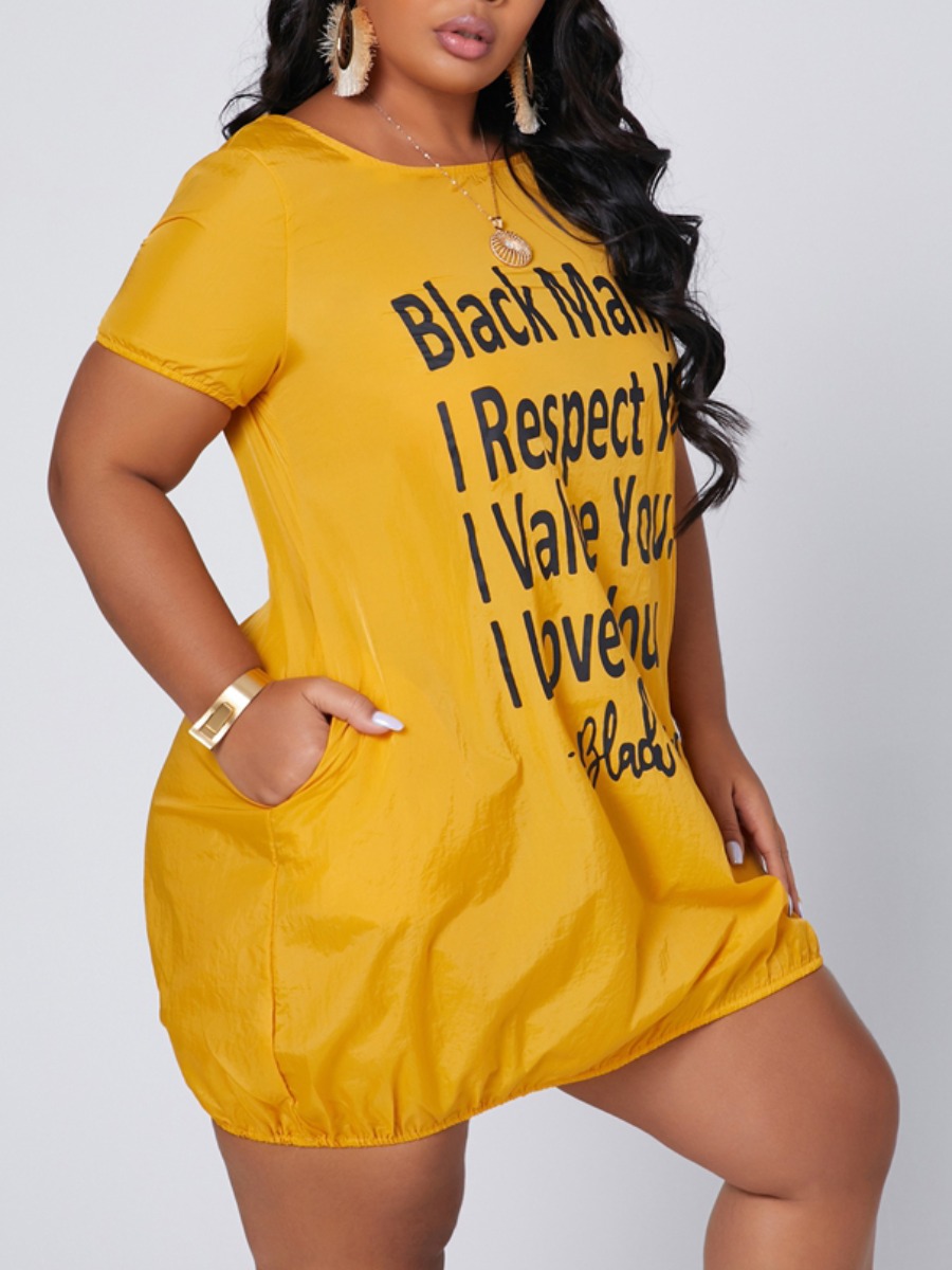 

lovely Casual O Neck Letter Print Yellow Mini Plus Size Dress