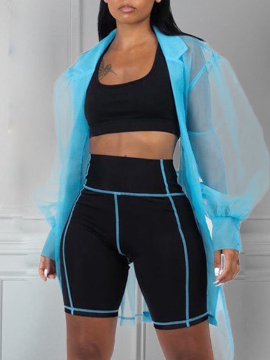 

lovely Stylish Turndown Collar See-through Blue Long Coat