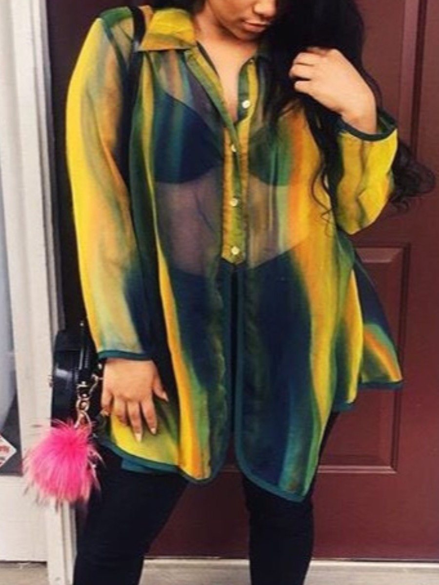 

lovely Stylish Turndown Collar See-through Tie-dye Multicolor Coat, Multi