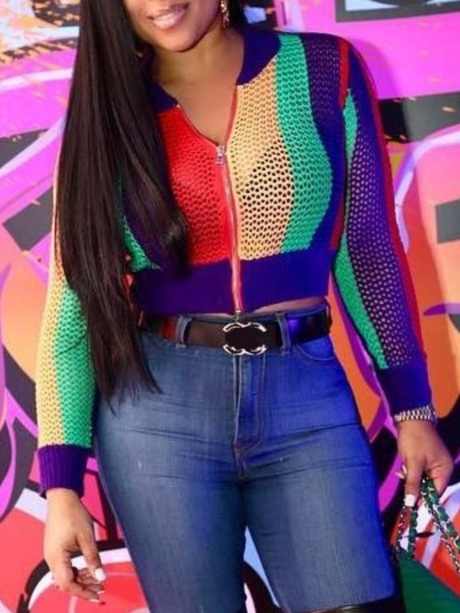 

lovely Stylish Zipper Design Hollow-out Multicolor Jacket, Multi