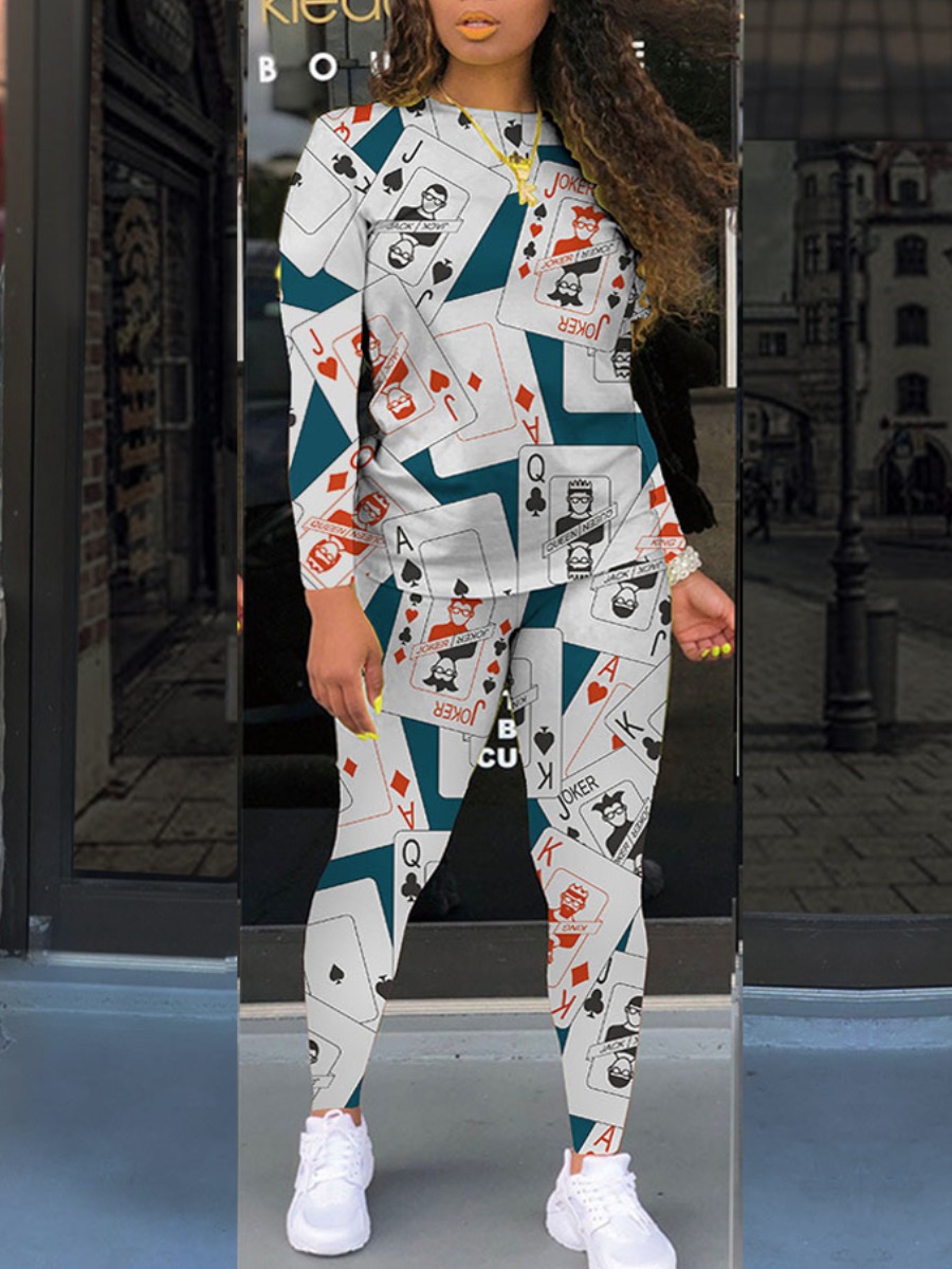 

lovely Casual O Neck Print White Two Piece Pants Set