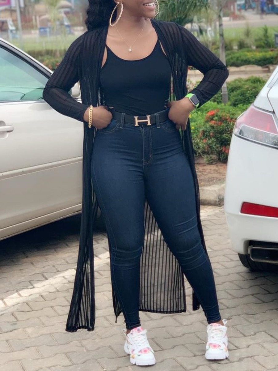 

lovely Casual See-through Striped Black Long Coat