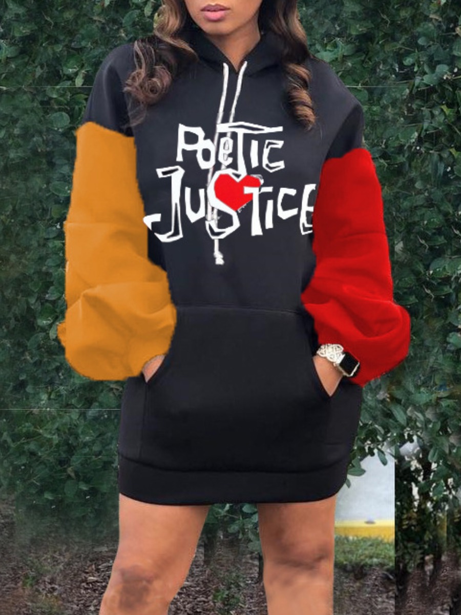 

lovely Street Hooded Collar Letter Print Patchwork Black Mini Dress