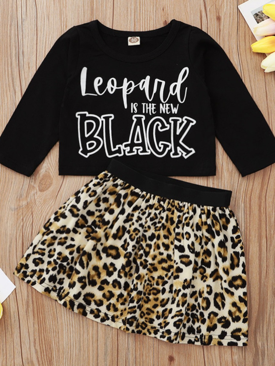 

lovely Casual O Neck Letter Print Black Girl Two-piece Skirt Set