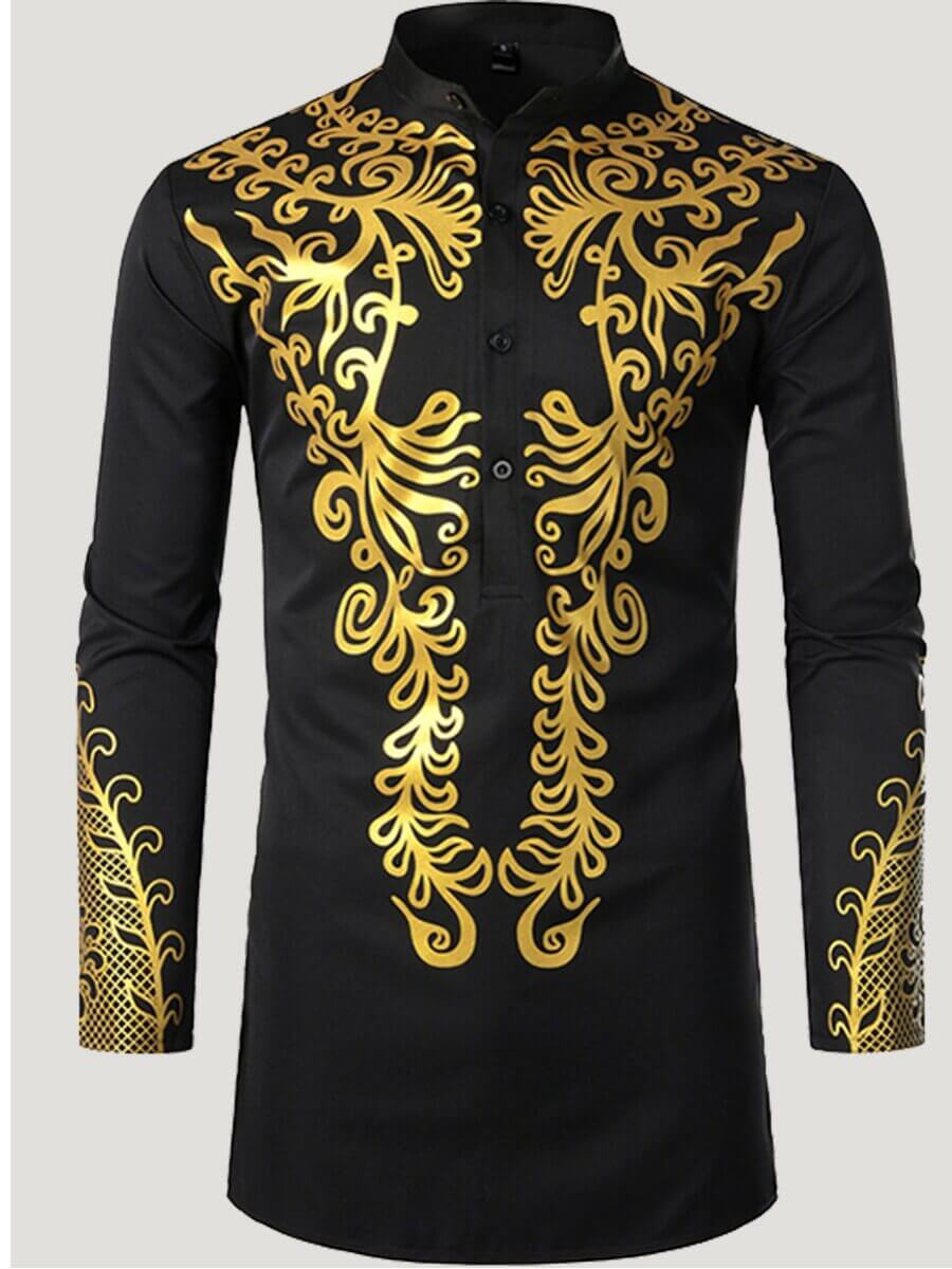 

Lovely Trendy Mandarin Collar Print Black Men Shirt